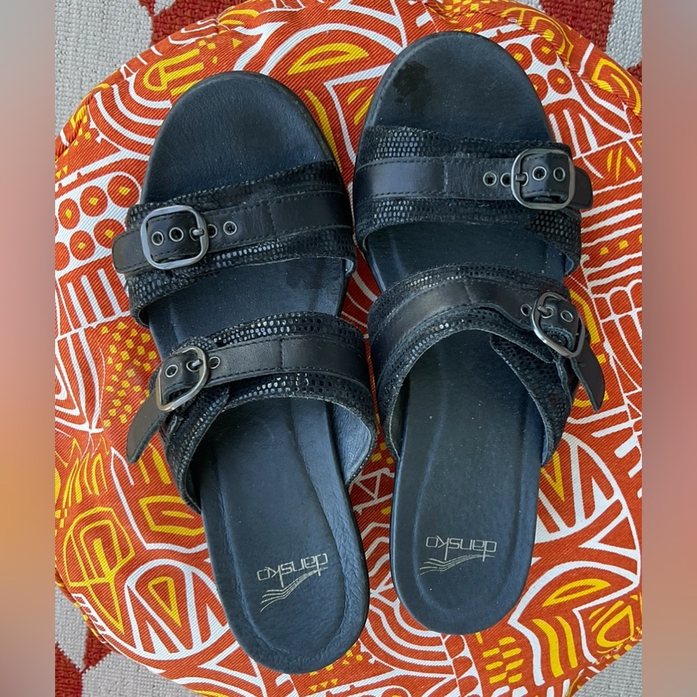 Dansko Jessie Lizard Balck Leather Slip-On Sandals Women's Size 39EU / 9.5 US